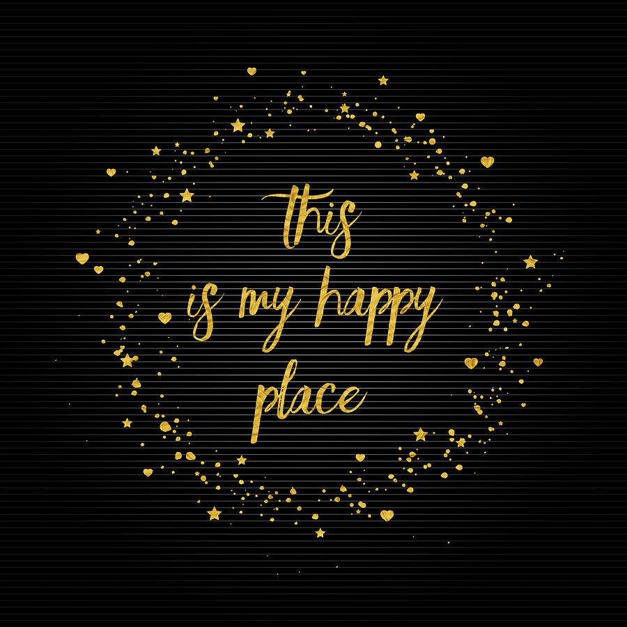 Abstract Digital Art - Text Art THIS IS MY HAPPY PLACE III - black with hearts and stars by Melanie Viola