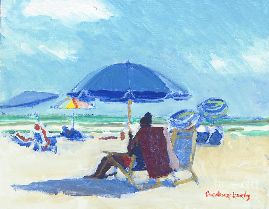 Texting on Folly Field Beach Painting by Candace Lovely