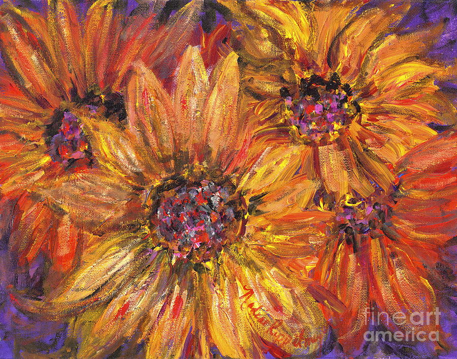 Yellow Painting - Textured Gold and Red Sunflowers by Nadine Rippelmeyer