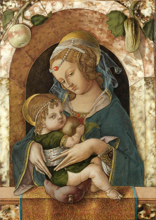 The Madonna and Child at a Marble Parapet an Apple and a Gourd Hanging from a Niche behind Painting by Carlo Crivelli