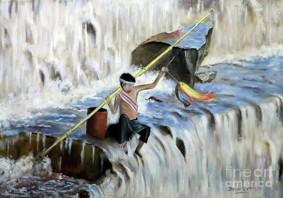 Waterfall Painting - Thai Boy Pole Fishing at Waterfall by Derek Rutt