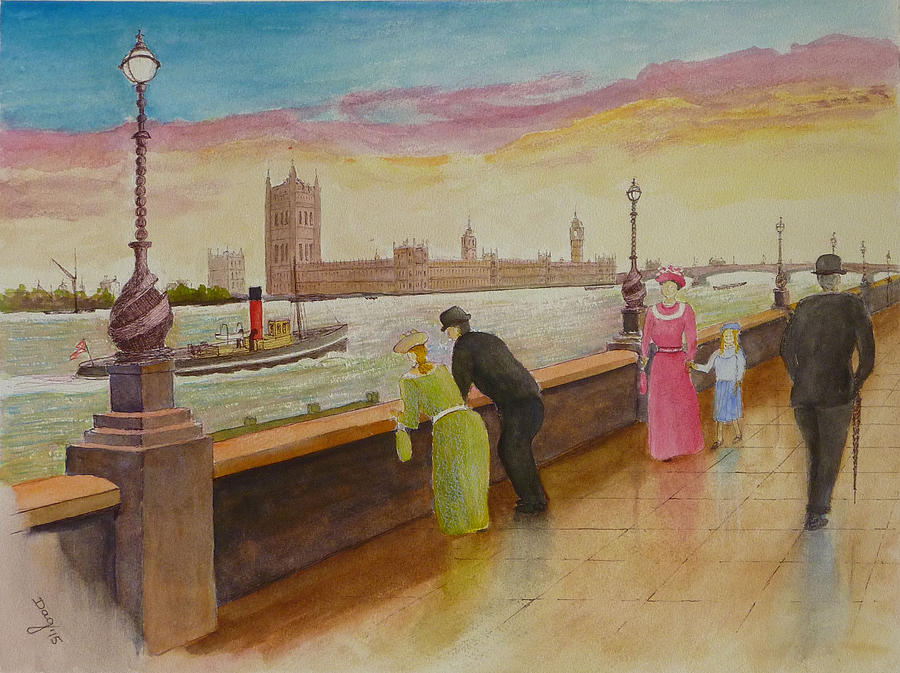 Landscape Painting - Thames Embankment After the Rain by David Godbolt