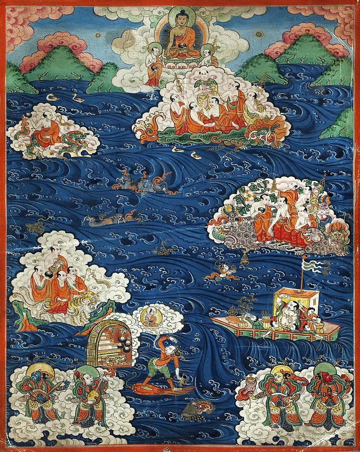 Thangka with Buddhist parable of the Arhats Painting by Anonymous from Tibet