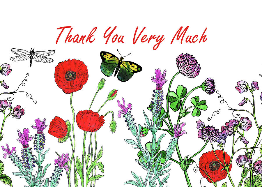 Thank You Card Watercolor with Flowers Butterflies and Dragonflies Painting by Irina Sztukowski
