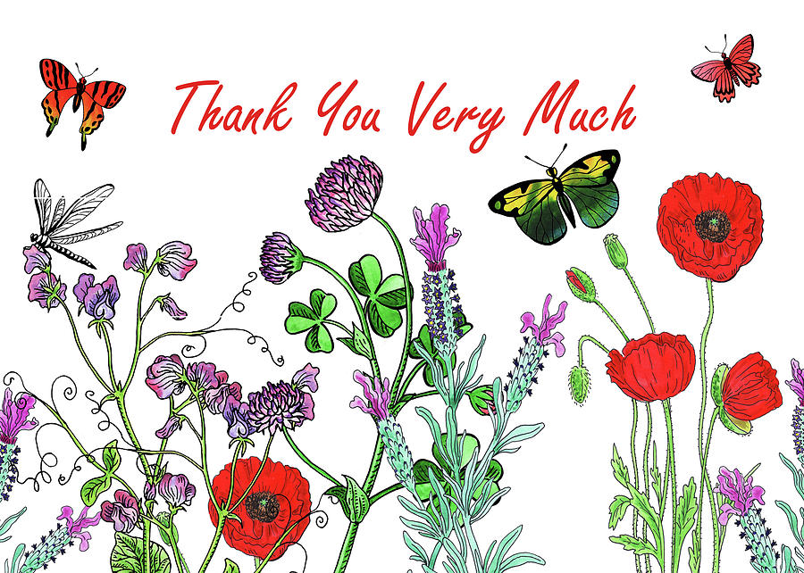 Thank You Very Much Card Watercolor Flowers And Butterflies Painting by Irina Sztukowski