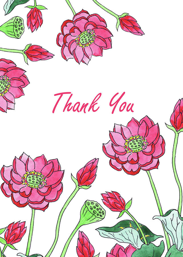 Thank You Watercolor Lotus Flowers Painting by Irina Sztukowski