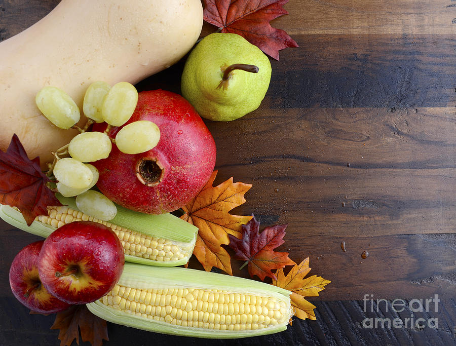 Thanksgiving Fall Autumn Harvest Wood Background.  Photograph by Milleflore Images