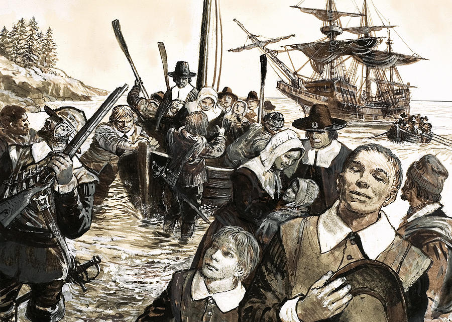 Thanksgiving - The Pilgrim Fathers Painting by English School