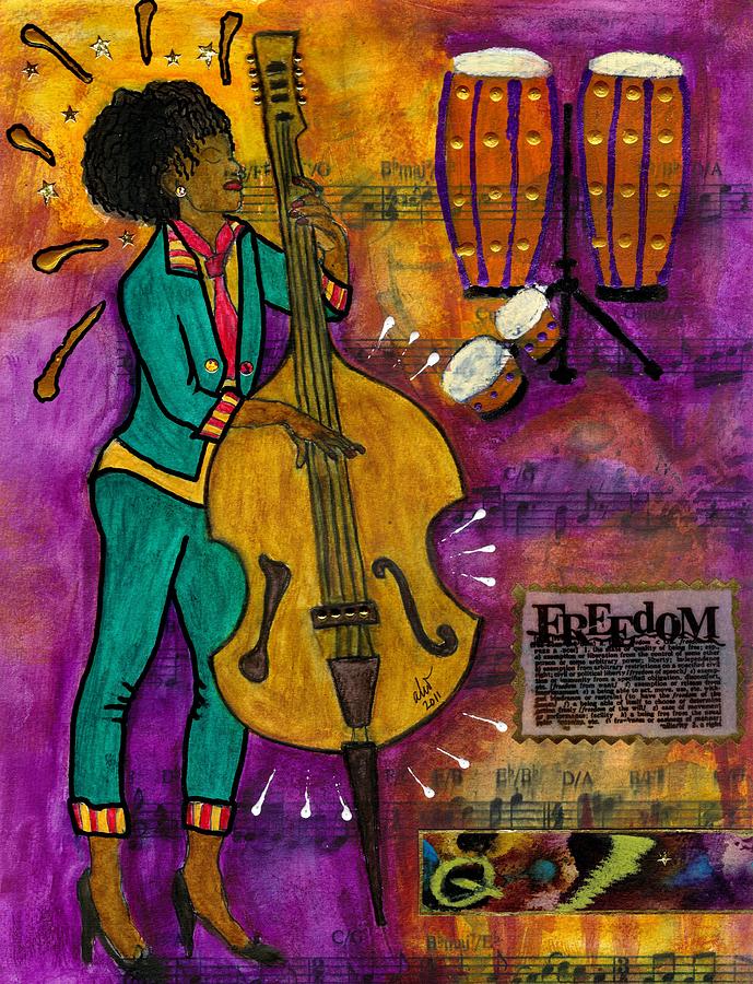 Drum Mixed Media - That Sistah on the Bass by Angela L Walker