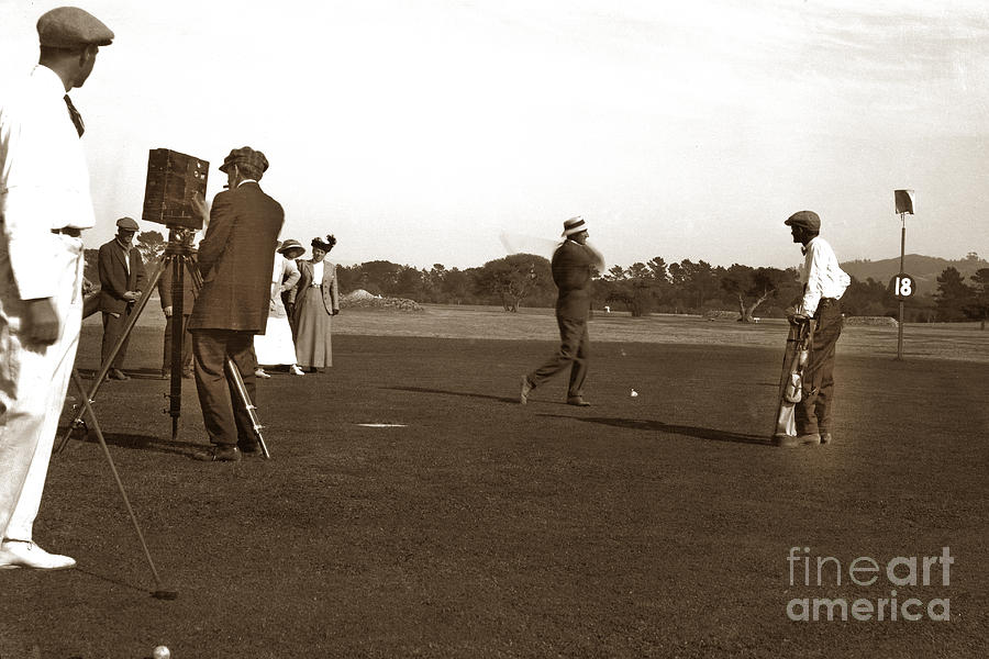 Golf Photograph - The 18th at Old Del Monte Golf coursewith film crew Circa 1900 by Monterey County Historical Society