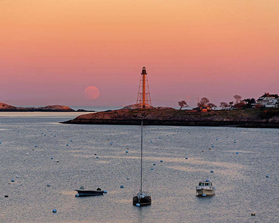 The 2016 Supermoon balancing on the Marblehead Light Tower in Marblehead MA Harbor Moonrise Photograph by Toby McGuire