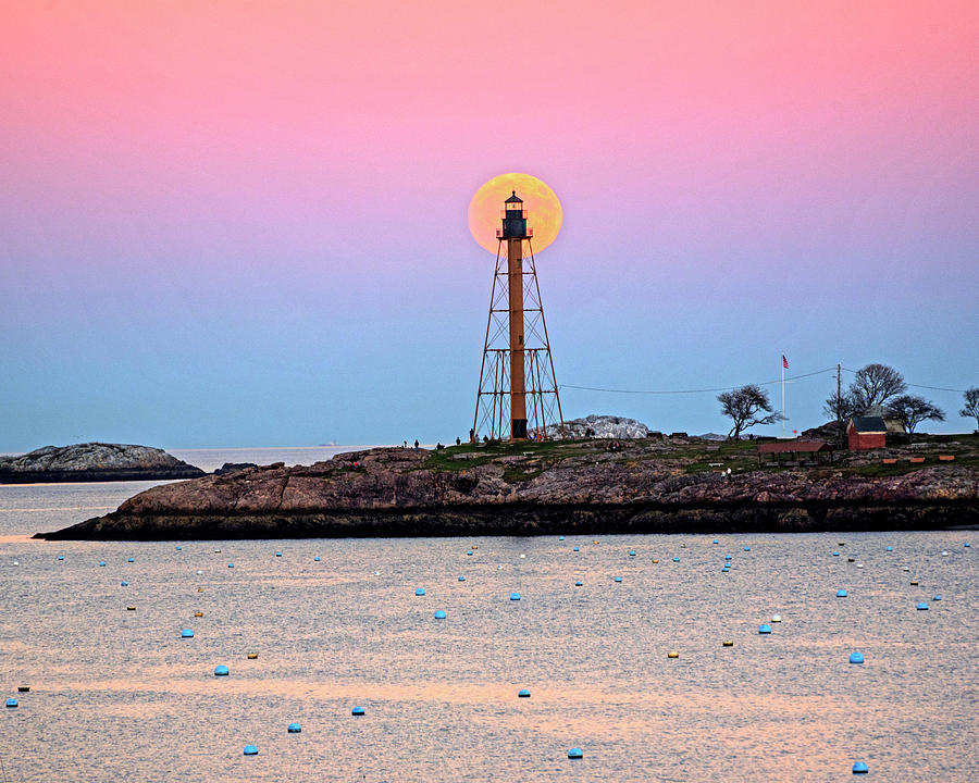 The 2016 Supermoon balancing on the Marblehead Light Tower in Marblehead MA Harbor Photograph by Toby McGuire