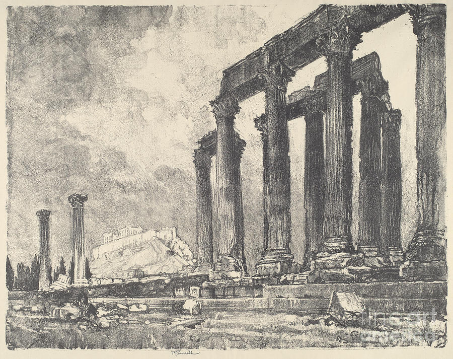 The Acropolis From The Temple Of Jupiter, Athens Drawing by Joseph Pennell