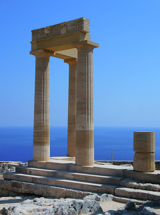 The Acropolis In Lindos Rhodes With Blue Sky And Sea In Summer  Photograph by Philip Openshaw