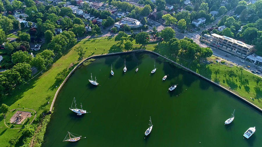 Aerial Photograph - The aerial view of the Marina of Mamaroneck by Alex Potemkin
