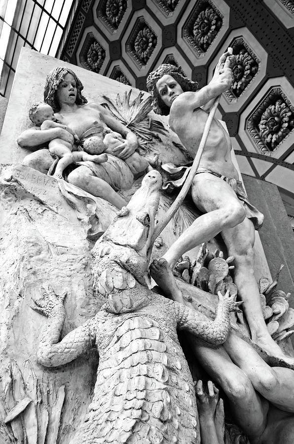 The Alligator Hunters Les Nubiens by Ernest Barrias at Orsay Museum Paris Black and White Photograph by Shawn OBrien