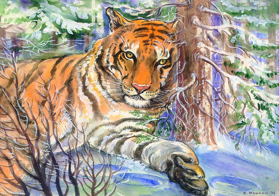 Wildlife Painting - The Amur tiger in winter forest. by Igor Moshkin