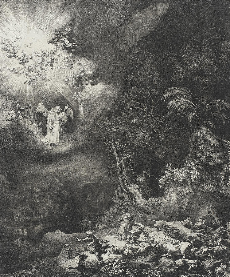 The Angel Appearing to the Shepherds Drawing by Rembrandt