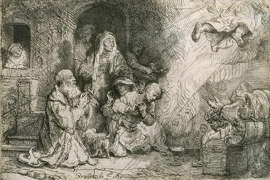 The Angel Departing from the Family of Tobias Relief by Rembrandt