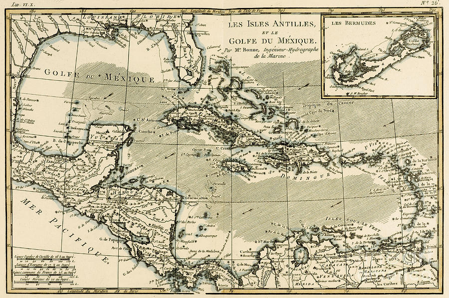 Map Drawing - The Antilles and the Gulf of Mexico, antique map by Guillaume Raynal