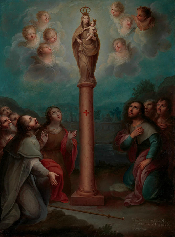 The Apparition of the Virgin of El Pilar to St. James Painting by Nicolas Enriquez