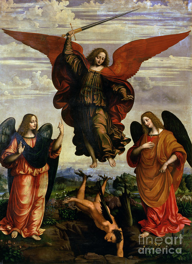 Raphael Painting - The Archangels triumphing over Lucifer by Marco DOggiono