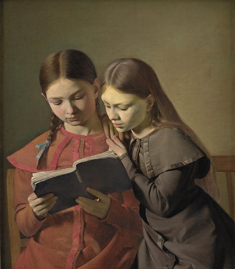 The Artists Sisters Signe and Henriette Reading a Book Painting by Constantin Hansen