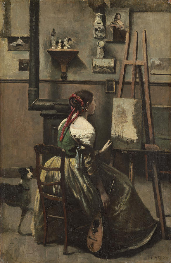 Dog Painting - The Artists Studio by Jean-baptiste-camille Corot