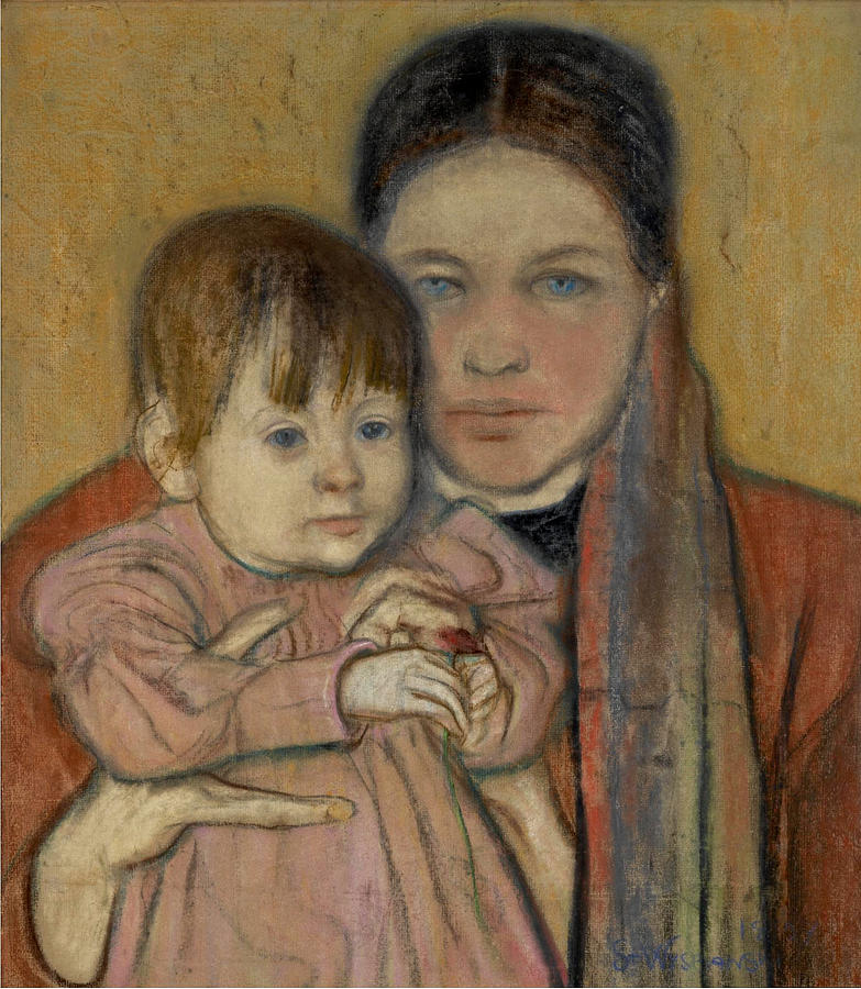 The Artists Wife and Daughter Drawing by Stanislaw Wyspianski