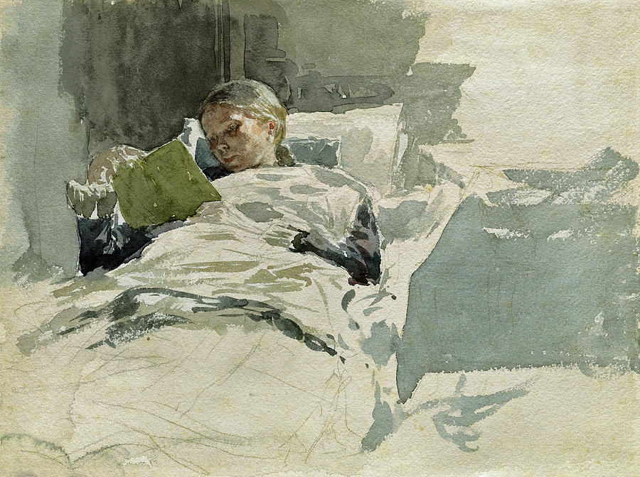 The Artists Wife Reading in Bed Painting by Leopold von Kalckreuth