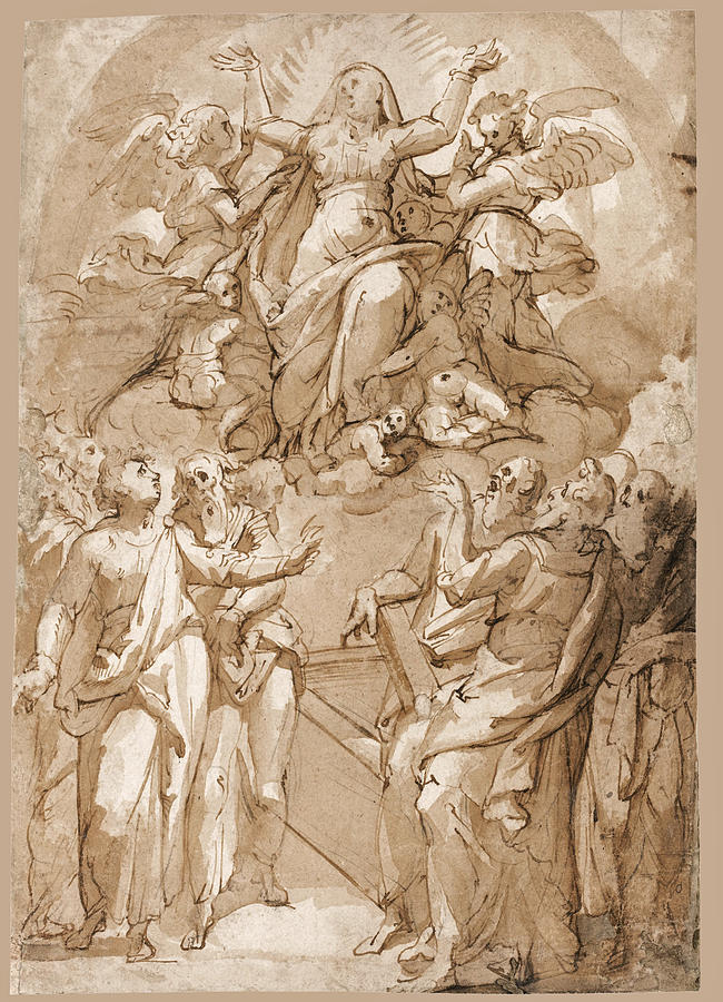 The Assumption of the Virgin the Apostles around her Tomb below Drawing by Attributed to Filippo Paladini