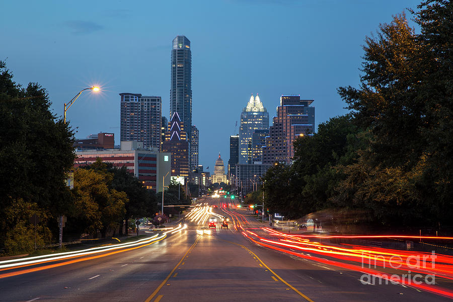 Austin Skyline Photograph - The Austin Skyline and Texas Capitol at dusk from Soco Avenue by Dan Herron