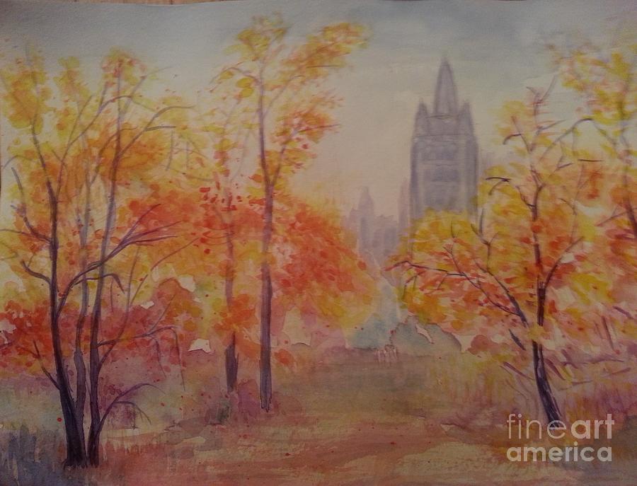 The autumn in Central Park Painting by Olga Malamud-Pavlovich