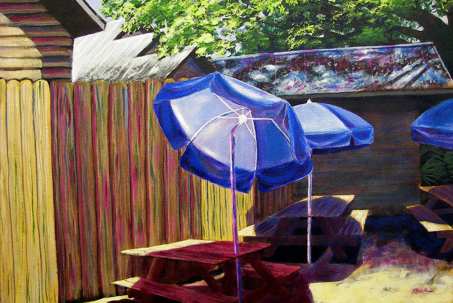 Picnic Tables Painting - The Backyard Garden by Charles Peck