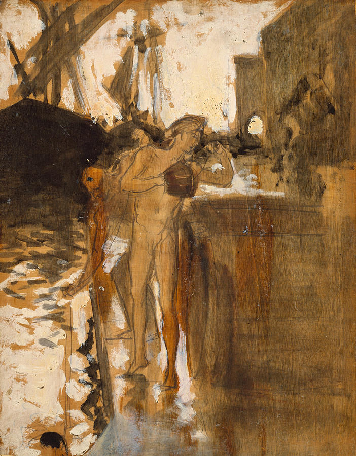 The Balcony, Spain Two Nude Bathers Standing on a Wharf Painting by John Singer Sargent