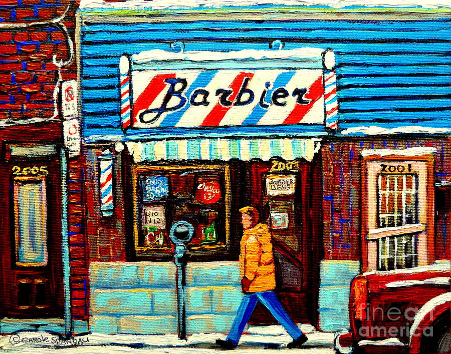 The Barber Shop Montreal Storefront Original Winter Scene Painting Canadian Art Carole Spandau       Painting by Carole Spandau