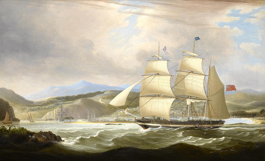 The barque Woodmansterne calling for a pilot off Port Royal Jamaica upon her arrival  Painting by John Lynn