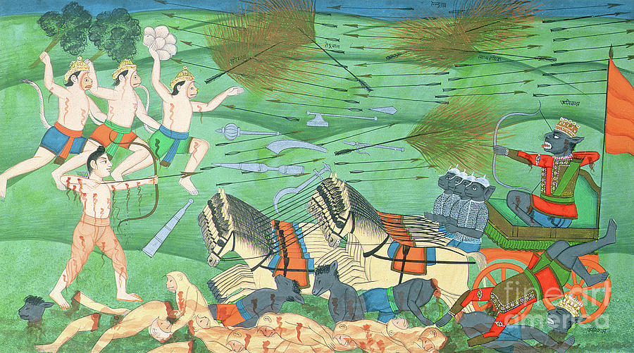 Landscape Painting - The Battle of Lanka, between Rama and Ravana, King of the Rakshasas, from the Ramayana by Rajasthani School