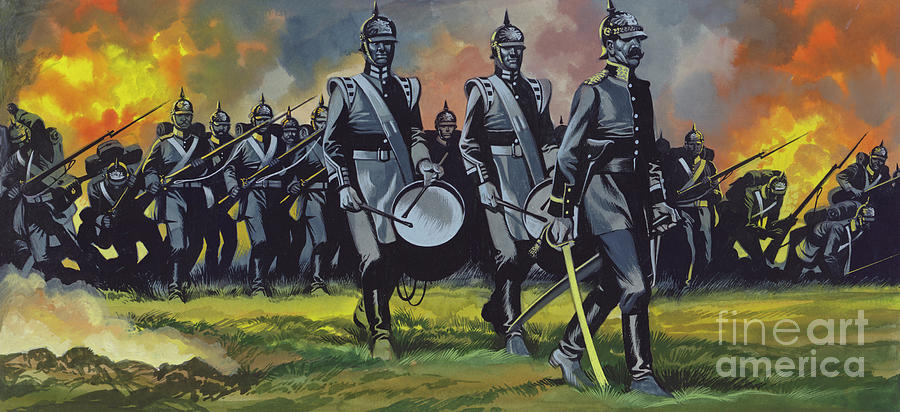 The Battle of Sadowa, 1866, the Army of the Elbe advancing at a uniform pace with bands playing  Painting by Ron Embleton