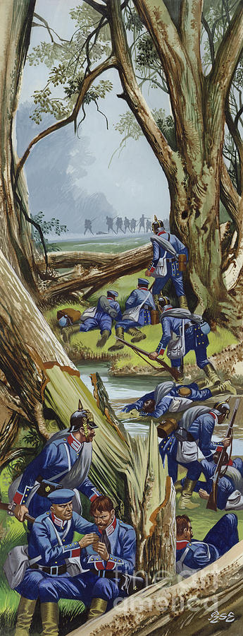 The Battle Of Sadowa, 1866, the Prussians in the woods under heavy attack Painting by Ron Embleton