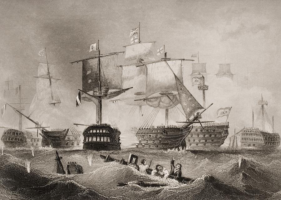Black And White Drawing - The Battle Of Trafalgar. Engraved By by Vintage Design Pics Black And White Drawing - The Battle Of Trafalgar. Engraved By by Vintage Design Pics