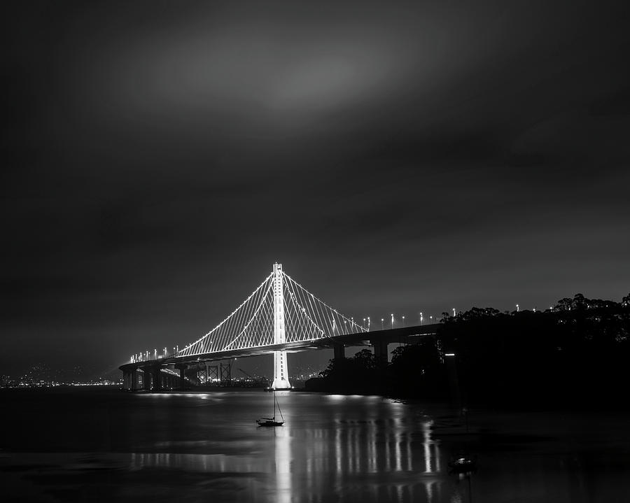 The Bay Bridge San Francisco CA Boats Black and White Photograph by Toby McGuire