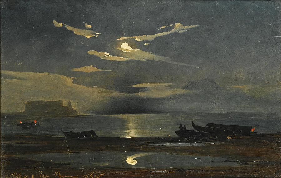 The Bay of Naples by Moonlight with the Castel DellOvo beyond Painting by Johann Jakob Frey