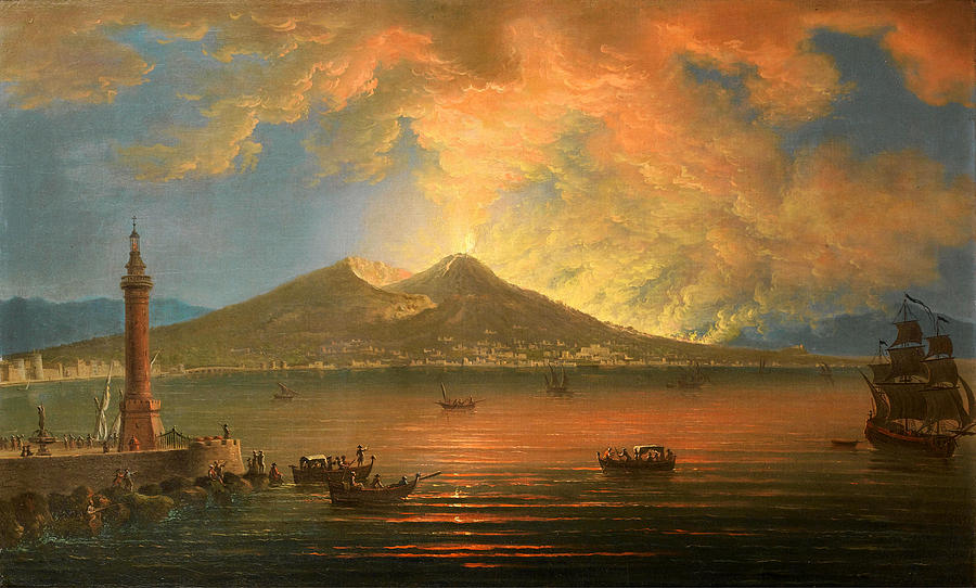 The Bay of Naples with the eruption of Vesuvius seen from the Riviera di Chiaia Painting by Pietro Antoniani