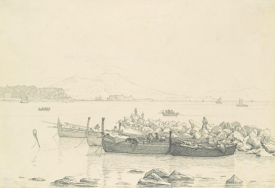 The Bay of Naples with Vesuvius in the Background Drawing by Christen Kobke
