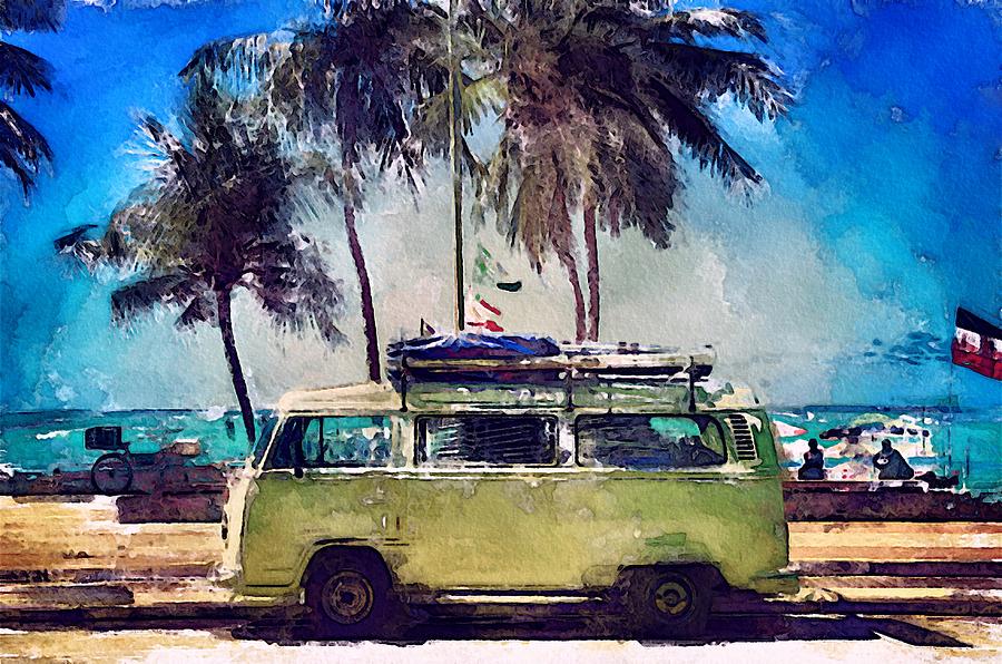 The Beach in a Chartreuse Microbus  Digital Art by Brenda Wilcox aka Wildeyed n Wicked