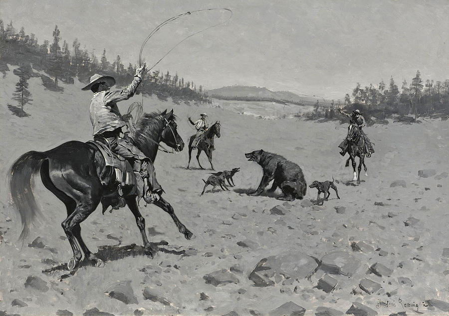The Bear at Bay. Roping A Grizzly Painting by Frederic Remington
