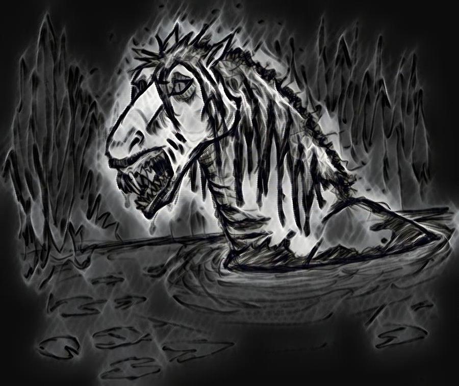 Black And White Digital Art - The Beast of the Lake by Halley Press