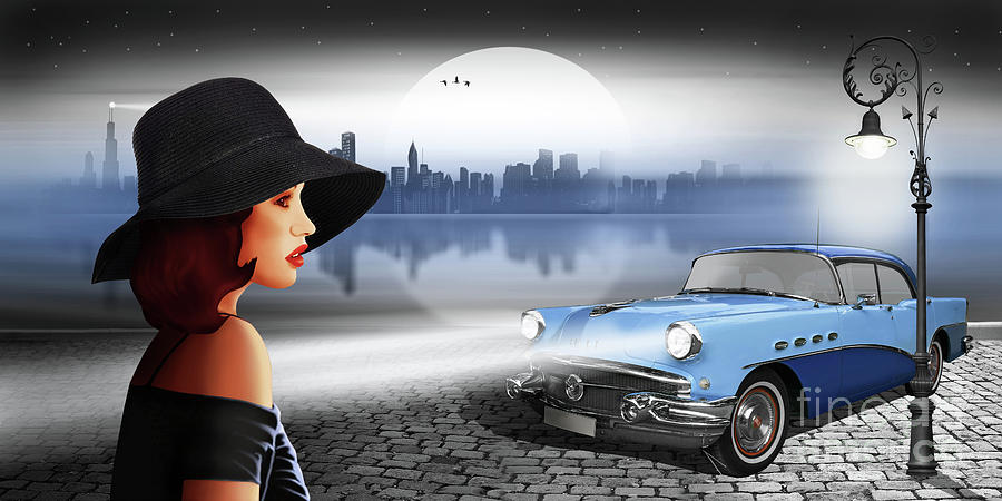 Skyline Digital Art - The beauty at night with vintage car by Monika Juengling