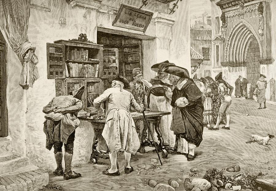 Book Drawing - The Bibliophiles. A Bookshop In Seville by Vintage Design Pics